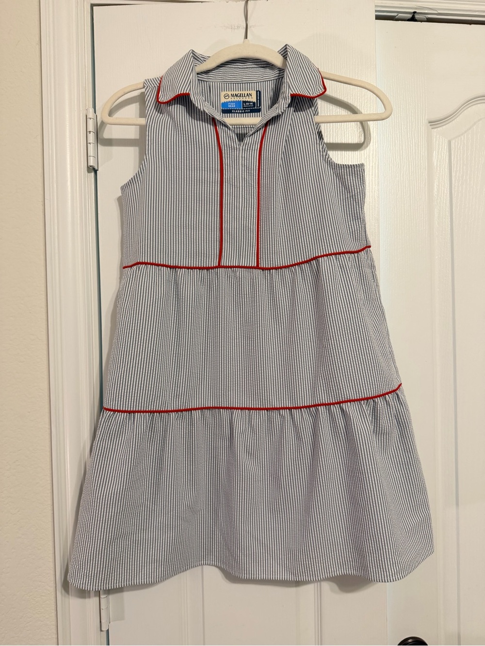 Magellan Outdoors Blue & White Pinstripe Dress with Red Piping